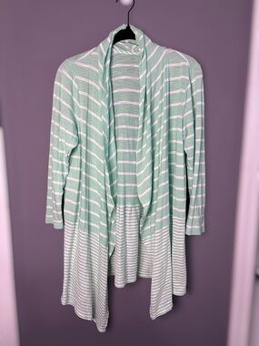 Talbots Mint Green White Striped Open Front Draped Cardigan XS